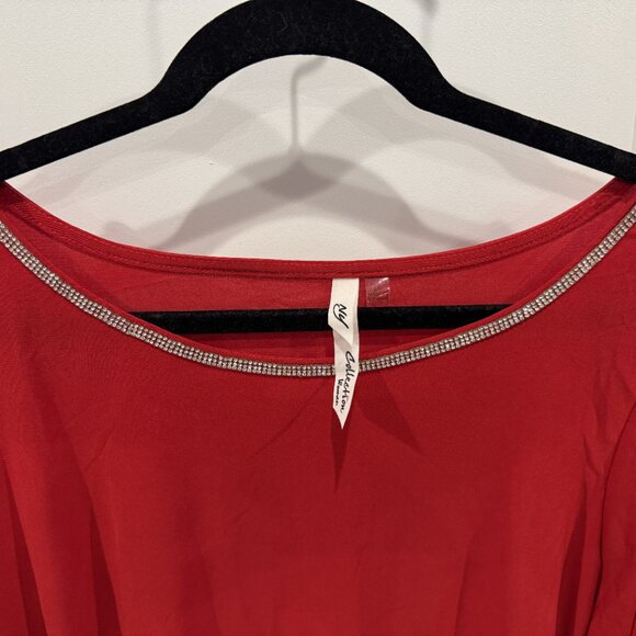 EUC 2xl NY Collection Women Red Bell Sleeve Top with Rhinestones Glam Party NYE - Picture 2 of 7